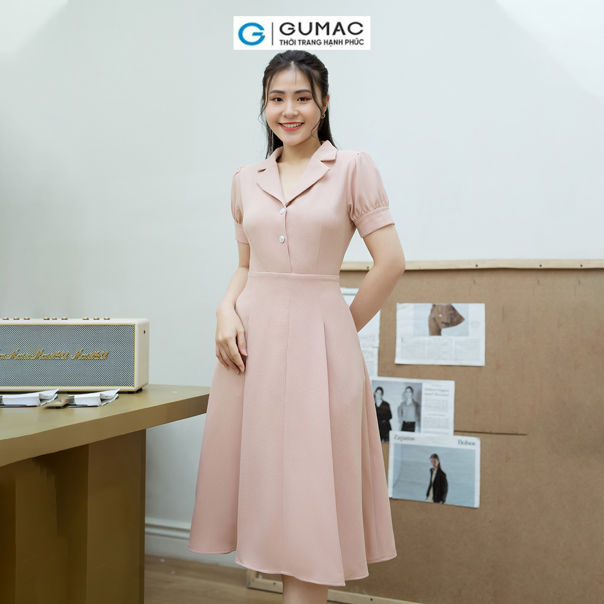 Đầm A xòe tay phồng GUMAC DD08048