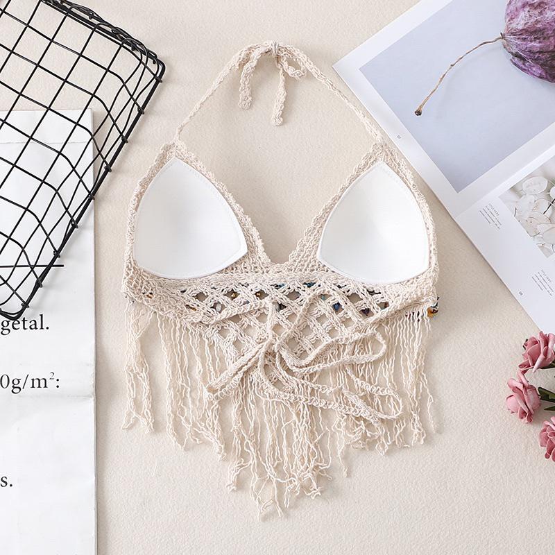 Áo bra len móc tam giác tua rua đính hạt cườm đi biển hot hit