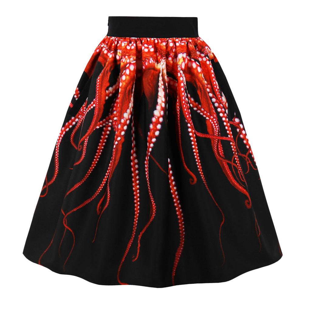 Women's Digital Print High Waisted Midi Party Skirt Vintage A-Line Pleated Skater Skirts