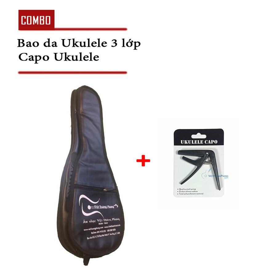 Combo Bao da 3 lớp Ukulele + Capo nhựa nhiều màu