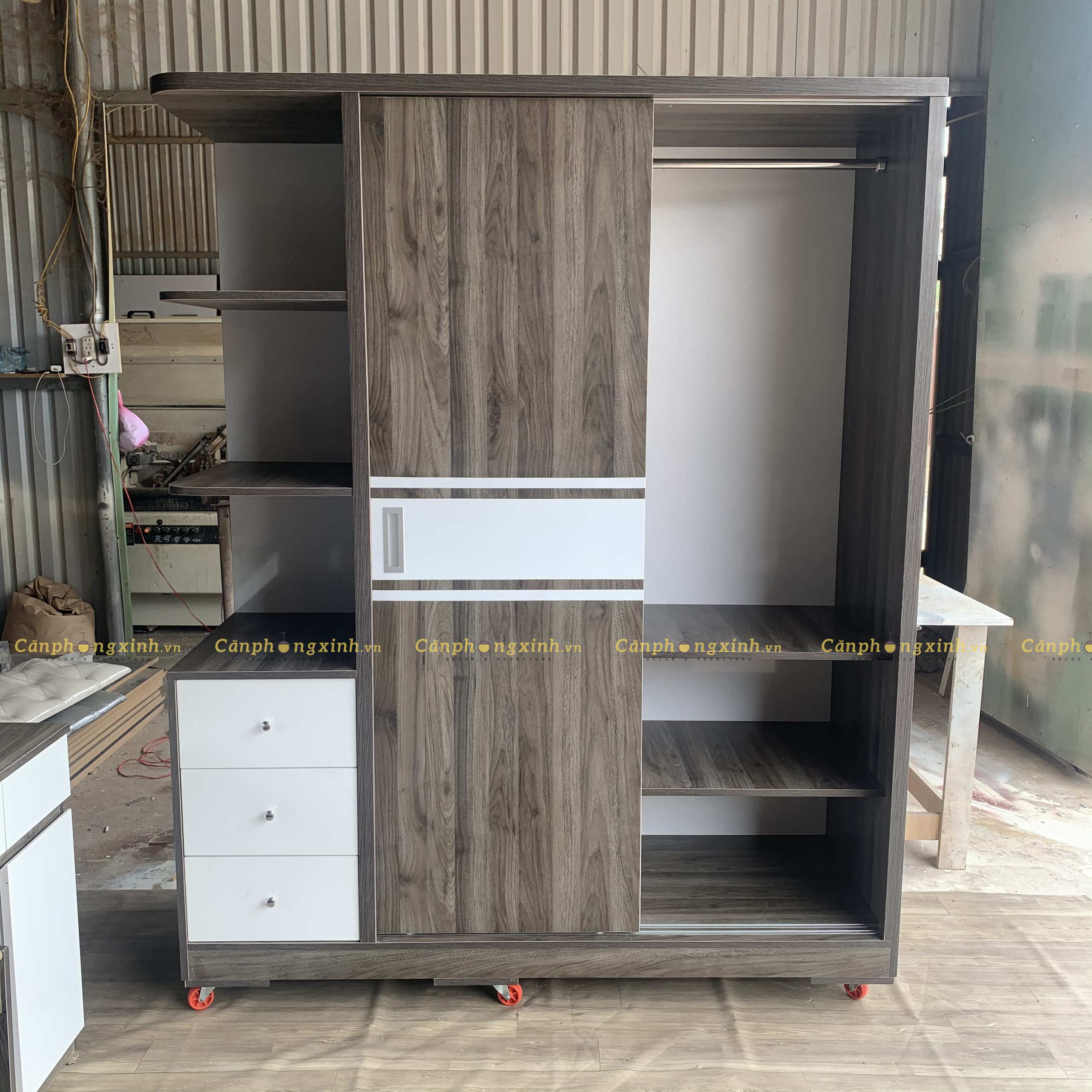 Tủ Áo Gỗ MDF Cửa Lùa Có Kệ CPX-T28 Xám Phối Trắng