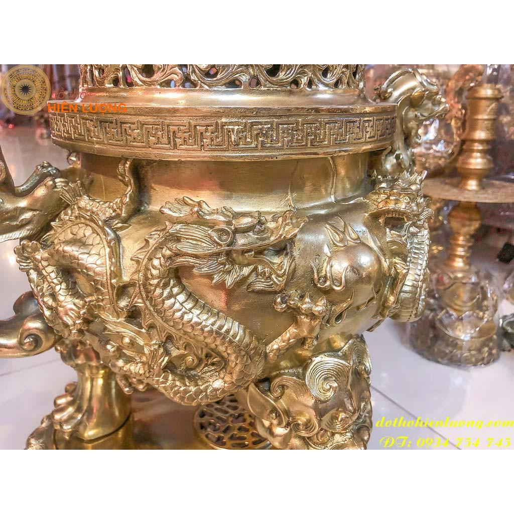Bộ Đỉnh Song Long Chầu Nguyệt Màu Vàng Cao 60cm