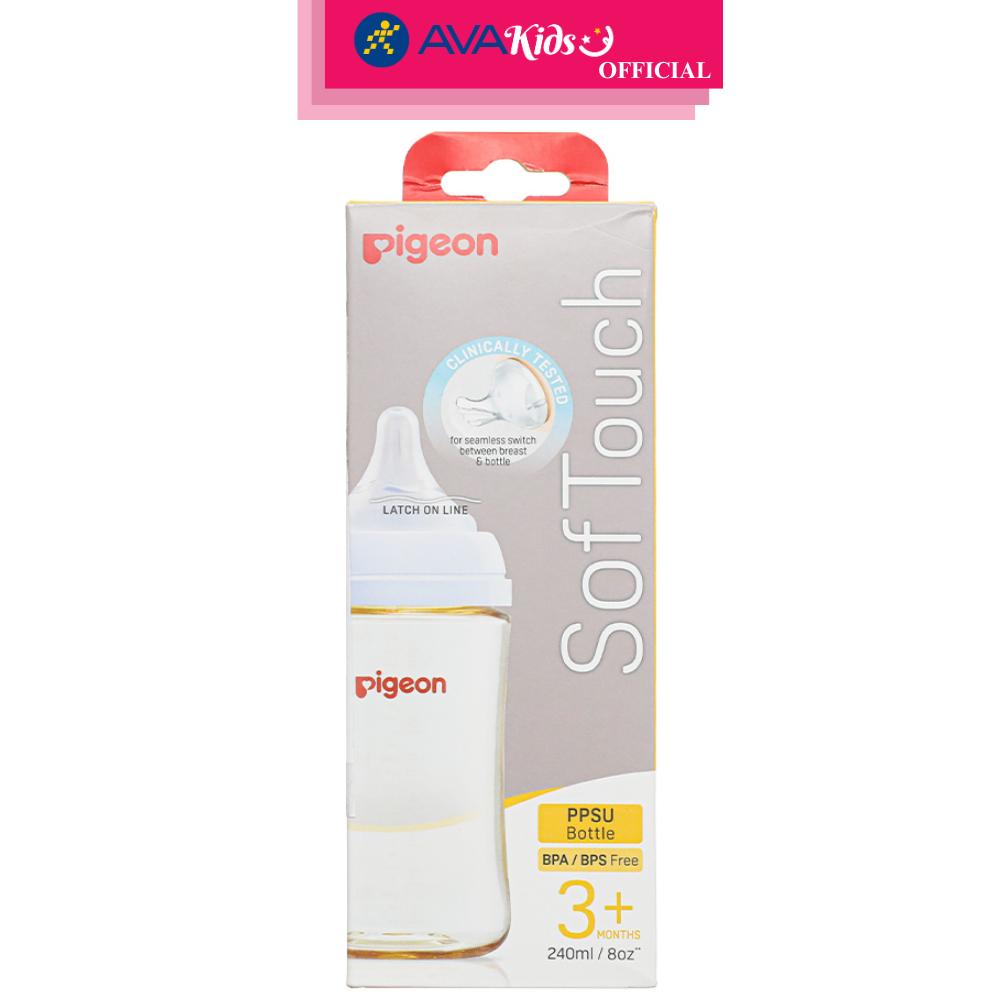 Bình sữa nhựa PPSU Pigeon Softouch Plus WN3 cổ rộng 240 ml (từ 3 tháng) - Hàng Chính Hãng