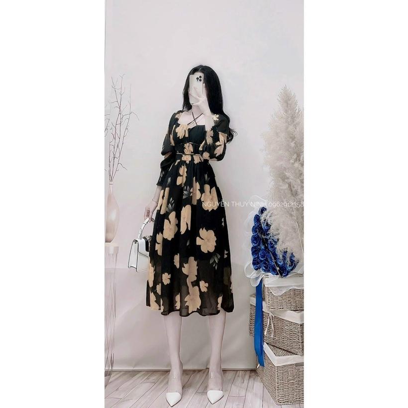 T105 maxi dáng xòe voan hoa tay dài dây chéo cổ đi biển