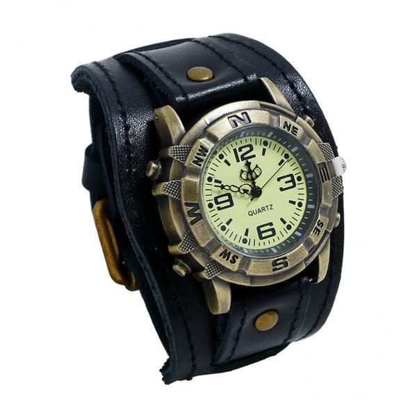 2X Wristwatch Male Watch Band Genuine Leather Men Vintage Bracelet Black