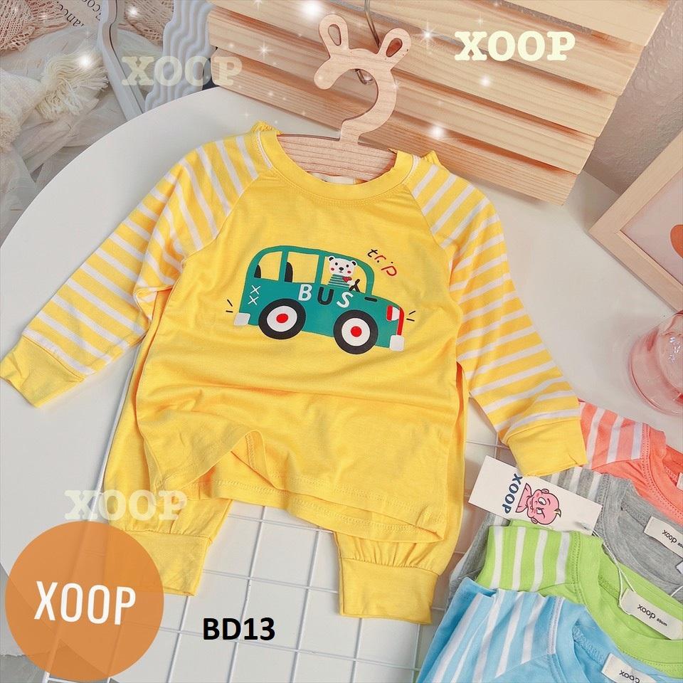 Bộ dài tay chất thun lạnh- Bộ dài tay xoop kẻ cánh tay in họa tiết ô tô - bus cho bé BD13