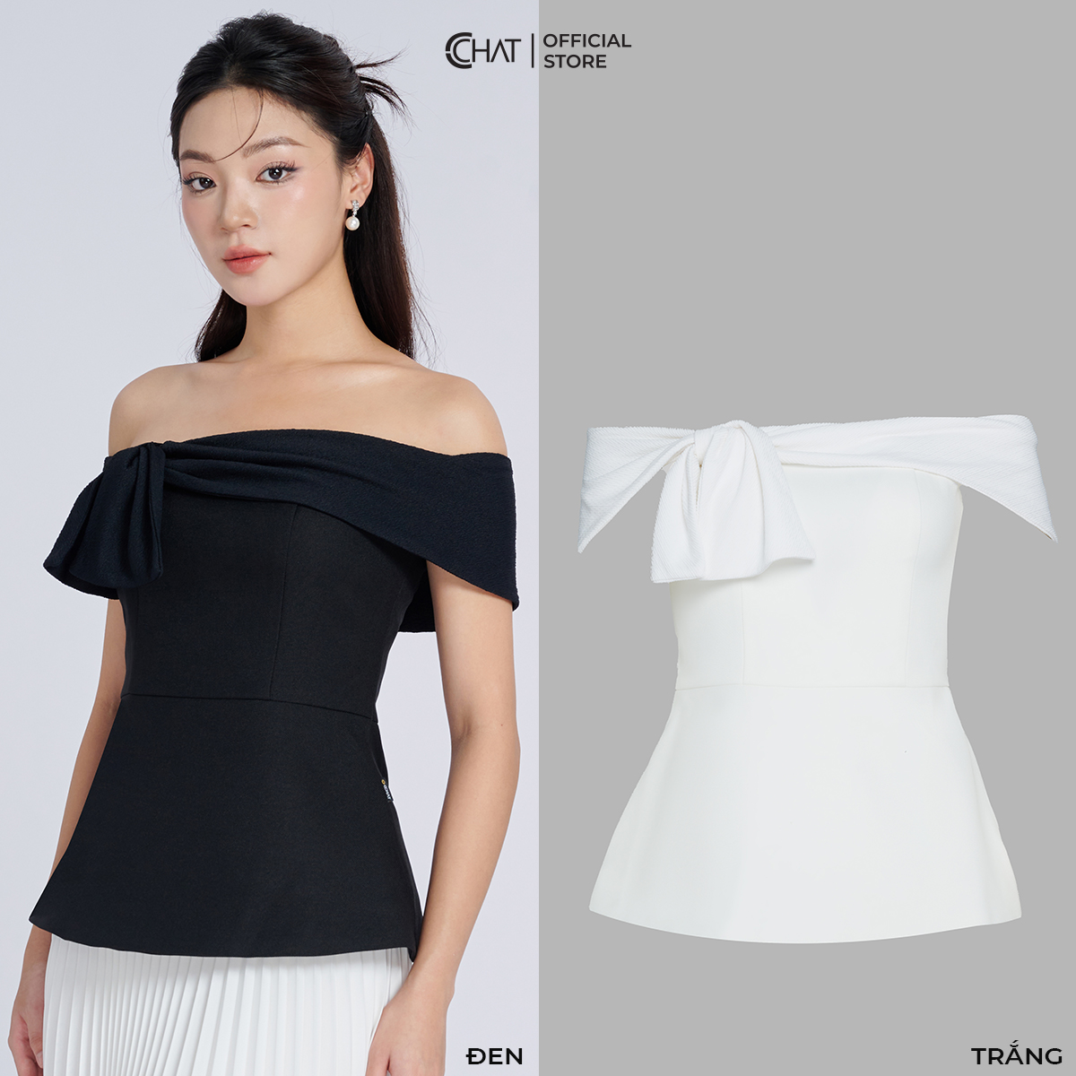 Áo Kiểu Nữ Trễ Vai Phối Vai Nơ Dáng Peplum Chất Tuytsi Mềm Mịn 13ANS8001PT