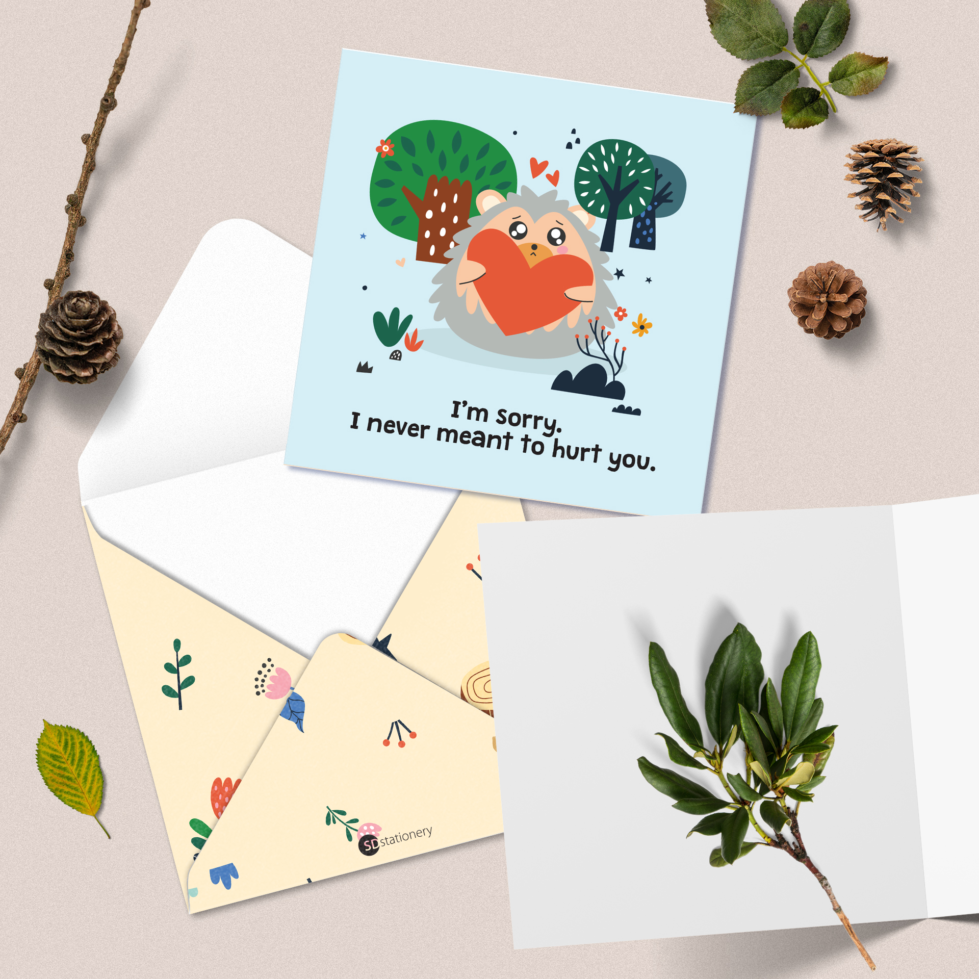 Set 5 thiệp cảm ơn, xin lỗi, chúc mừng, động viên SDstationery Forest minh họa con vật dễ thương, thông điệp ý nghĩa 12x12cm