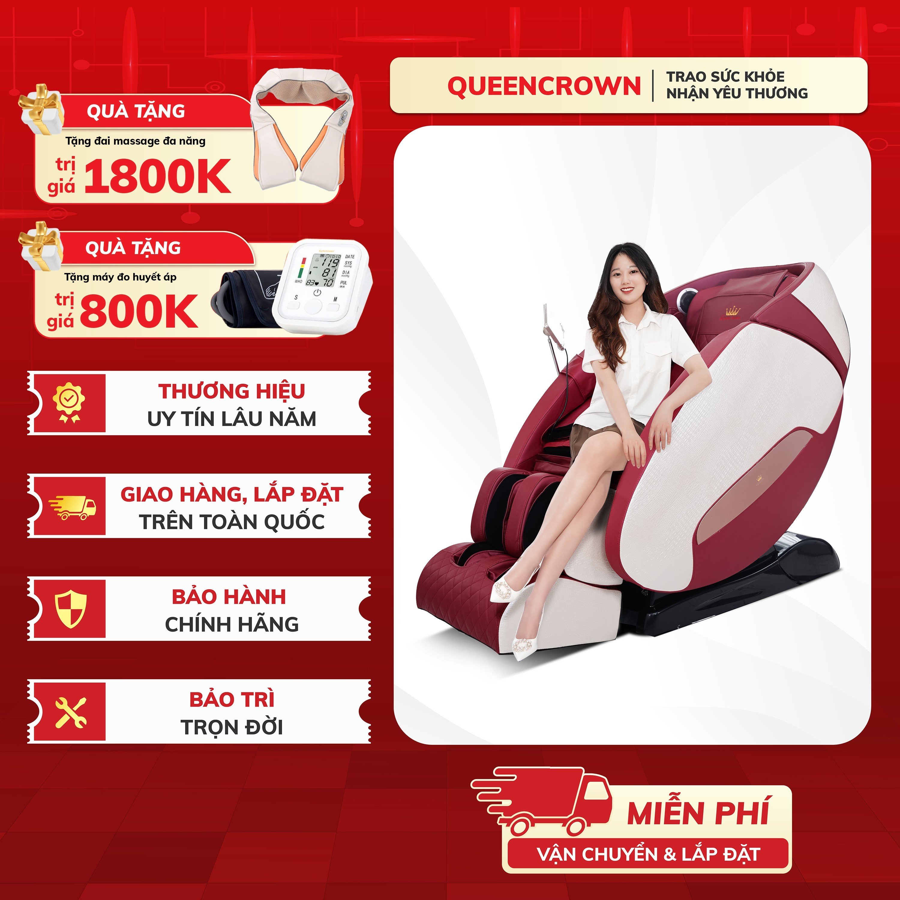 Ghế Massage QUEEN CROWN 4D QC-SL666 - Đỏ Be