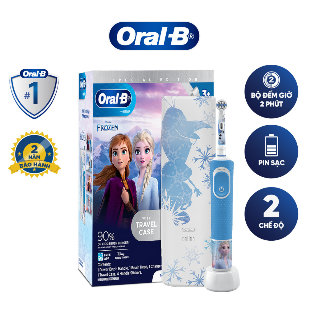 Bàn chải điện trẻ em Oral-B Pro D100 Disney Frozen - 2 chế độ chải - Hàng chính hãng