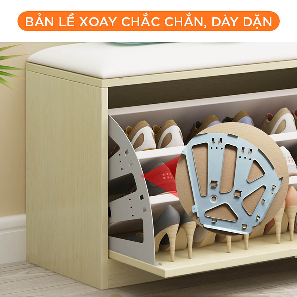 Tủ Giày Gỗ 100cm MDF Phủ Melamine Chống Ẩm Cánh Lật Siêu Gọn 3 Ngăn Kèm Ghế Đệm Da 