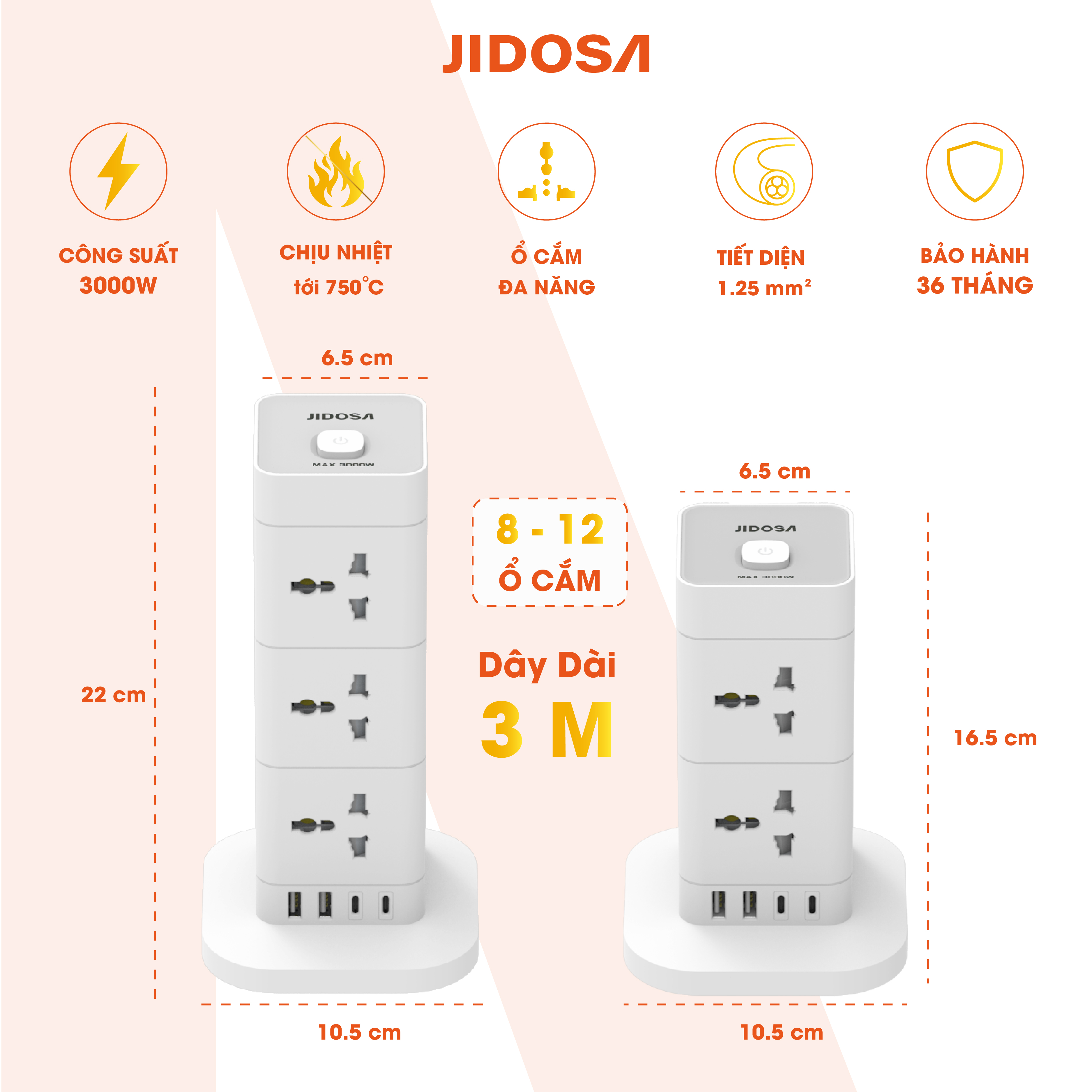 Ổ Cắm Điện JIDOSA Tích Hợp Ổ USB Và Type C Hình Tháp Đa Năng Công suất 3000w Thiết Kế Thông Minh