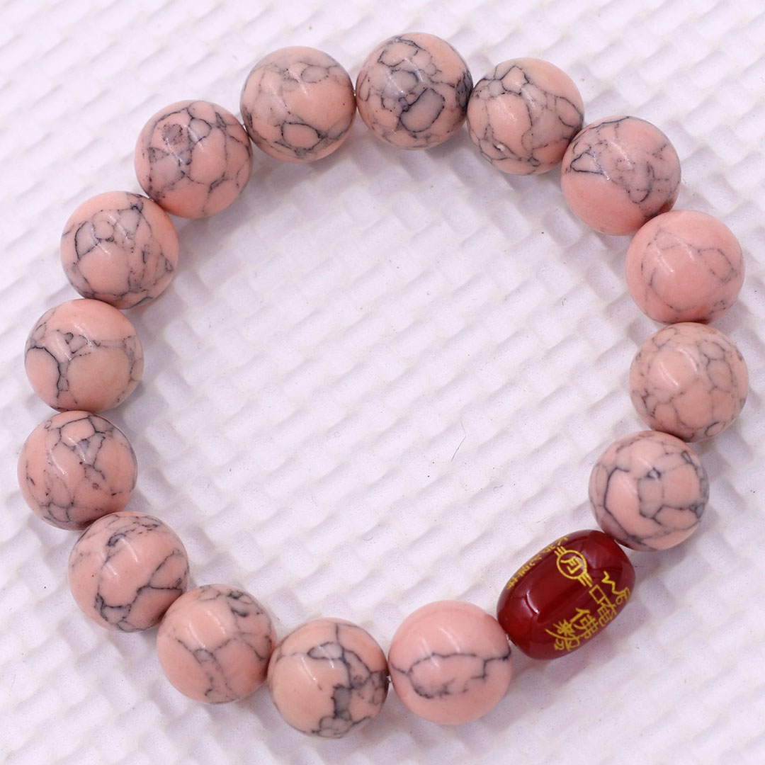 Vòng chuỗi đeo tay san hô hồng sọc 10 ly charm hạt giải thái tuế phù, vòng chuỗi phong thủy, giải năm hạn thái tuế