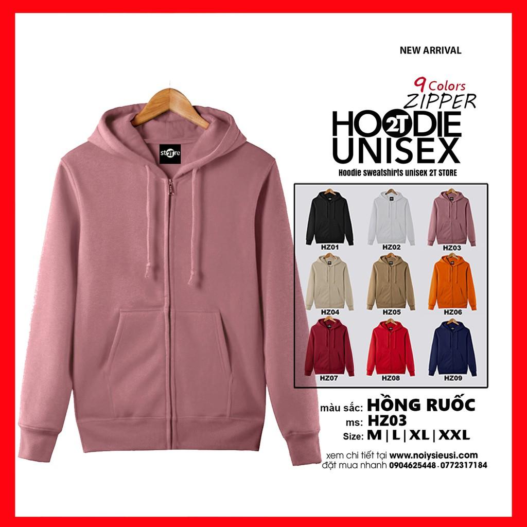 Áo hoodie zipper unisex 2T Store HZ03 màu hồng ruốc