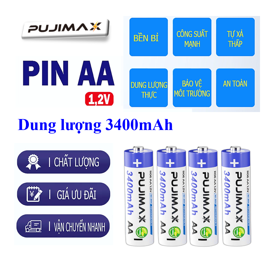 Hộp 4 Pin Tiểu Sạc lại AA 3400mAh Fujimax Dung Lượng Cao Chuyên Dụng Cho Micro không dây - SẢN PHẨM CHÍNH HÃNG