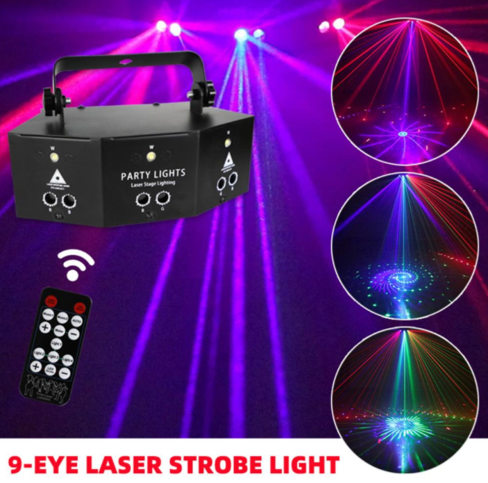 Đèn led laser 9 mắt cao cấp, trang trí phòng karaoke, vũ trường , sân khấu , phòng bay,  cảm biến theo nhạc