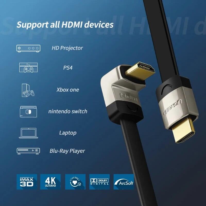 Ugreen UG10281HD122TK 1M dây màu đen đầu màu xám Cáp tín hiệu HDMI dẹt bẻ gốc 90 độ - HÀNG CHÍNH HÃNG