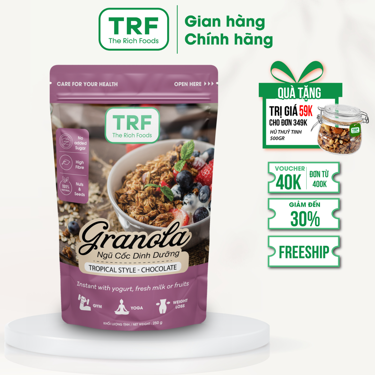 (Date 18/10/2024) Ngũ cốc Granola Giảm Cân Healthy Ăn kiêng The Rich Foods Socola 250g