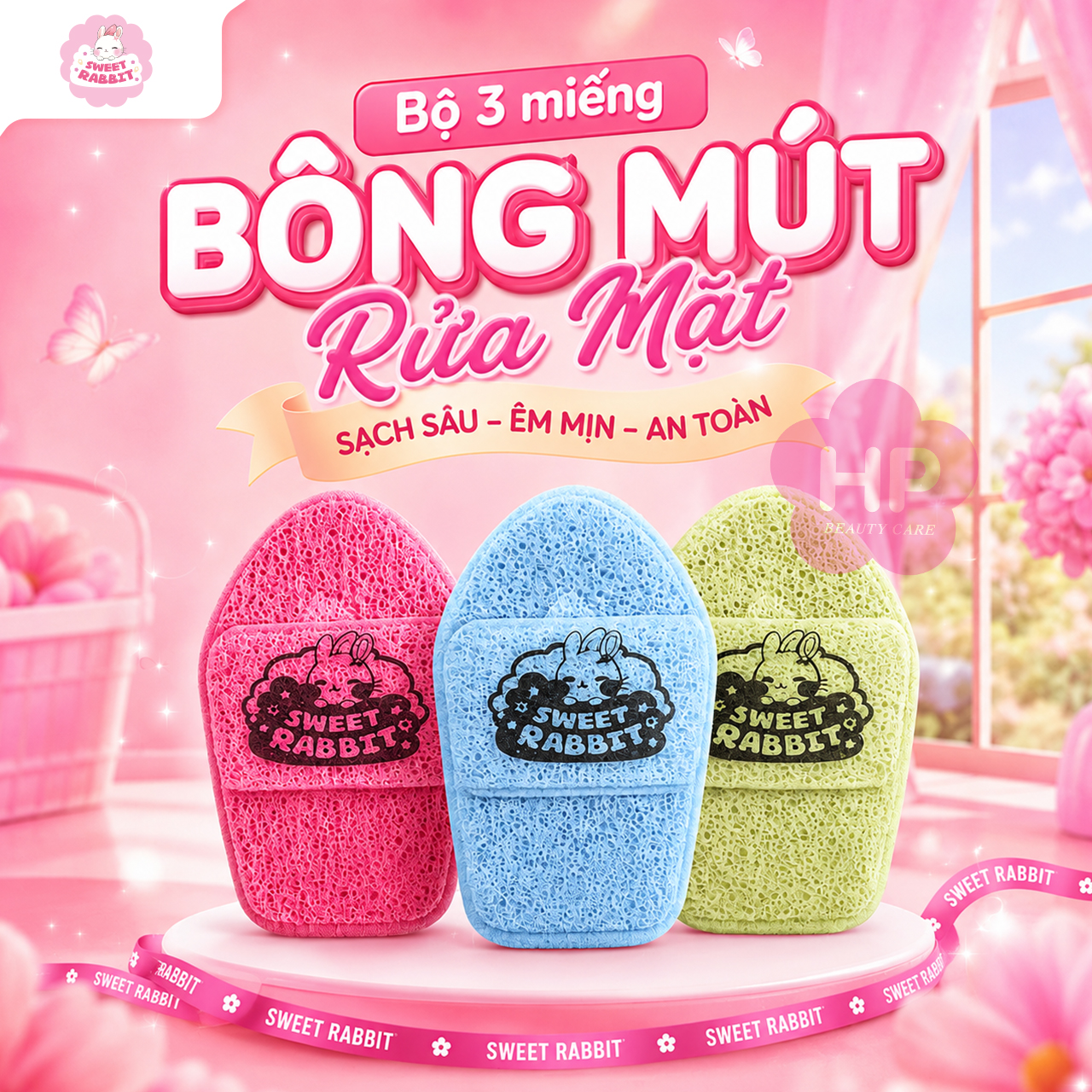 Bông Mút Bọt Biển Rửa Mặt Sweet Rabbit Fluffy Facial Cleansing Puff (Slipper Shape) Set 03 Cái 03 Màu