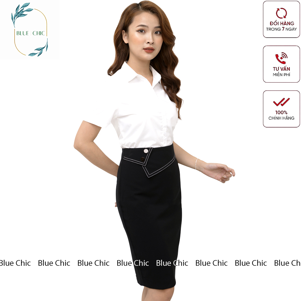 Chân váy bút chì Blue Chic phối 2 khuy mạ crom sang trọng, quý phái, có lớp lót chất vải cao cấp