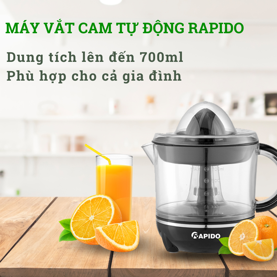 Máy vắt cam tự động đảo chiều Rapido vắt bằng điện công suất 40W dung tích 0.7L có lưới lọc hạt BH 12 tháng - Hàng chính hãng