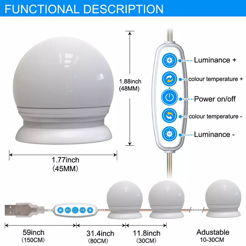 Chuỗi dây đèn led gương trang điểm 10 bóng 5 màu điều chỉnh