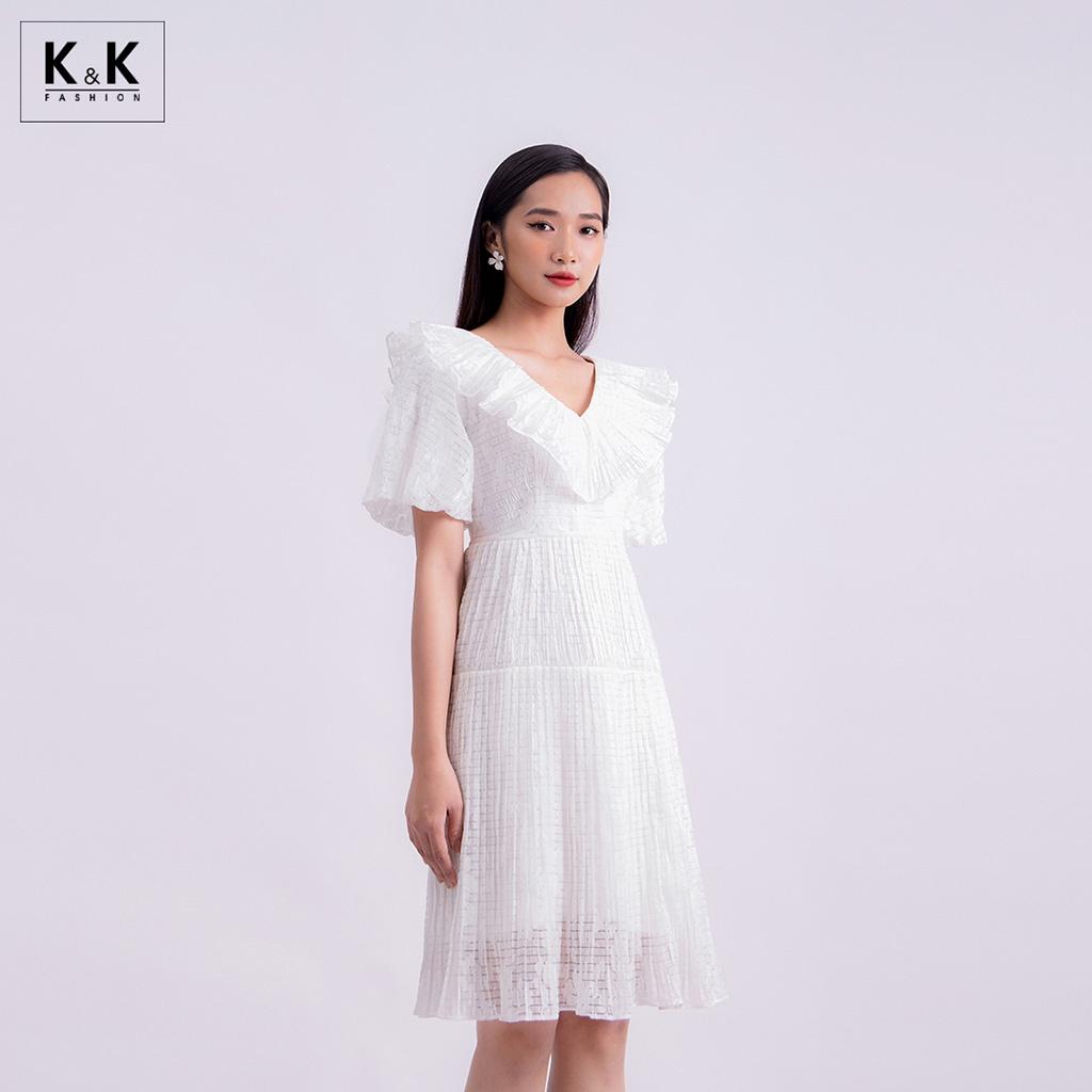 Đầm Trắng Dáng Xòe Cổ Viền Bèo Tay Phồng K&amp;K Fashion KK120-36 Chất Liệu Tơ Bông Ép