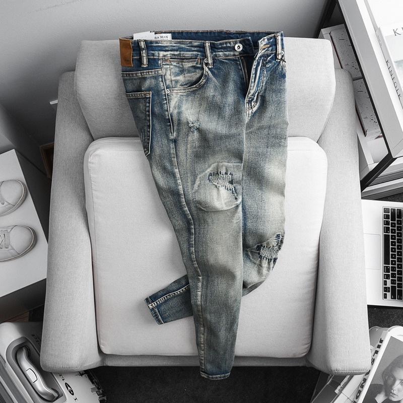 Quần Bò Jean Nam siêu đẹp màu bụi thêu gối cao cấp VNXK xịn jean co giãn