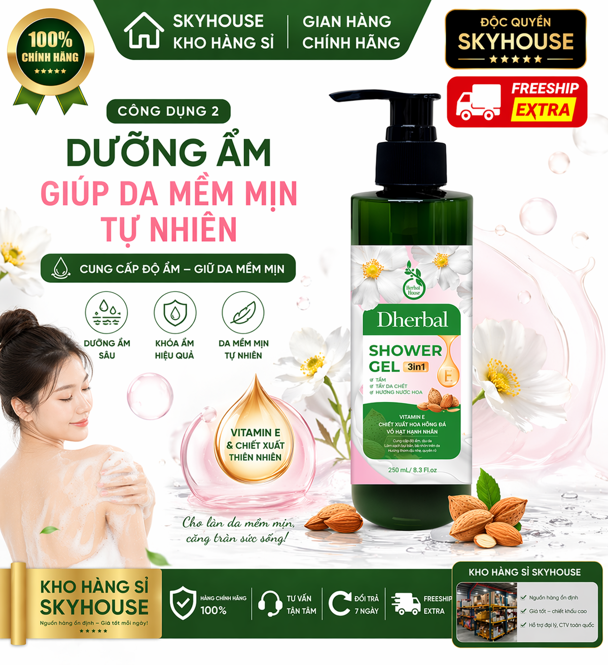 Sữa tắm trắng da 3in1 thiên nhiên độc quyền DHERBAL chai 250ml sữa tắm dưỡng ẩm thơm lâu chính hãng