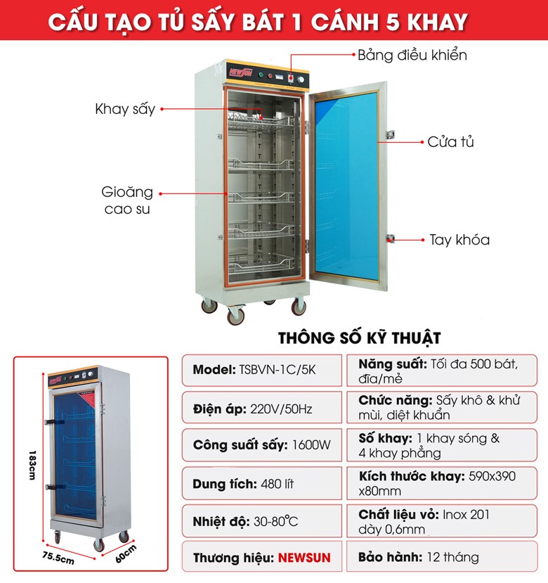 Tủ sấy bát công nghiệp 1 cánh 5 khay NEWSUN inox cao cấp - Hàng chính hãng