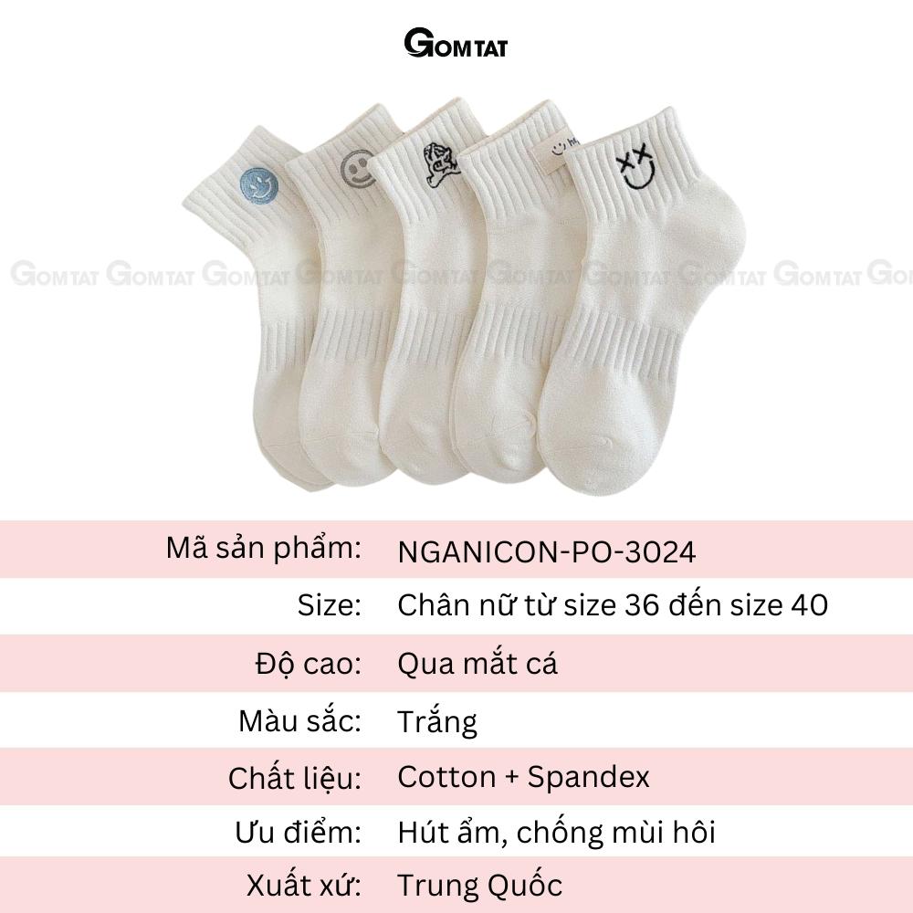 Tất nữ cổ ngắn GOMTAT màu trắng họa tiết dễ thương, chất liệu cotton mềm mại thấm hút thoáng khí - NGANICON-PO-3024-1DOI