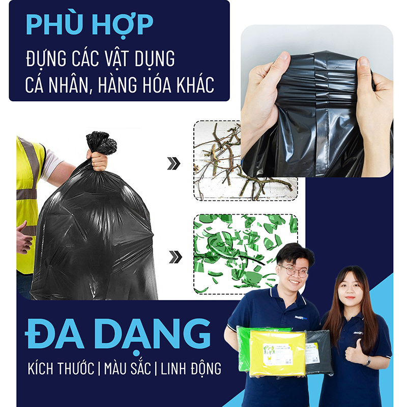 Túi PP Nhựa - Túi Rác Cỡ Lớn (70x90cm) TP Plastic Dùng Cho Thùng Rác Lớn, Màu Đen/Vàng/Xanh lá