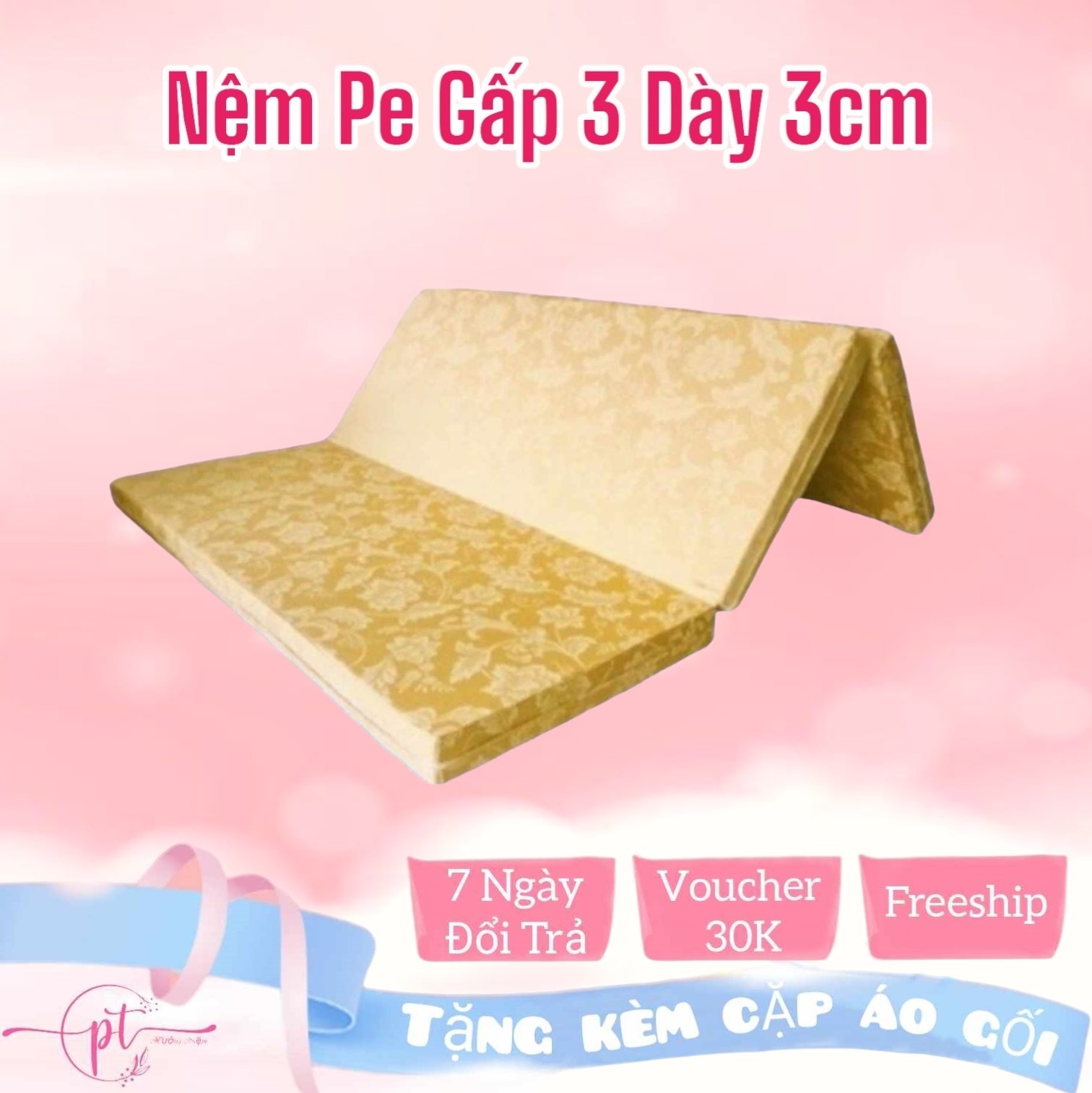 Nệm PE Hàn Quốc Cao Cấp Gấp 3 ( 1m55 x 1m95 x 3cm) Giao Màu Ngẫu Nhiên - Tặng Kèm Cặp Áo Gối
