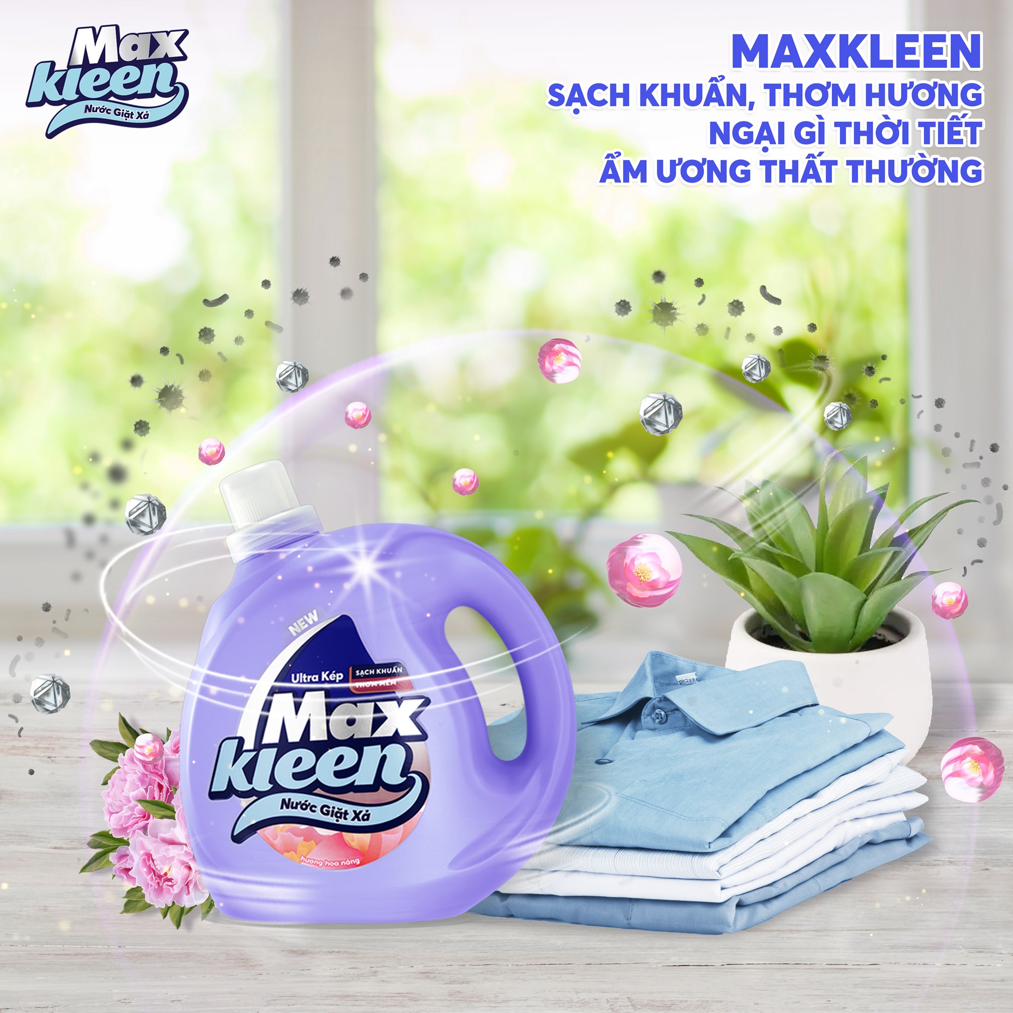 Túi Nước Giặt Xả MaxKleen Hương Hoa Nắng Sạch Khuẩn Thơm Mềm Tiện Lợi &amp; Tiết Kiệm 2.4KG