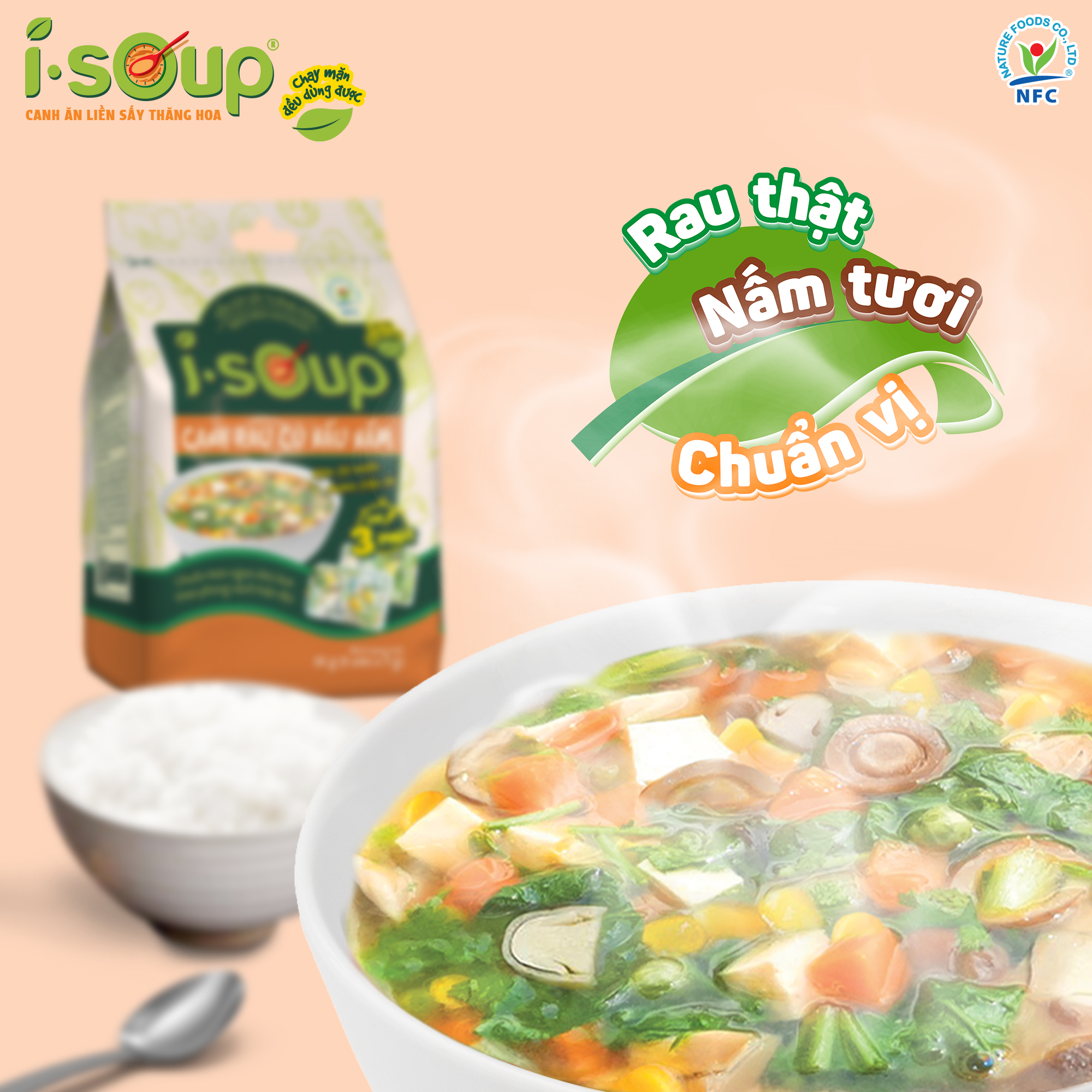 Combo 3 Túi Canh Chay ISOUP (Mây+ Súp Nấm + Rau Củ) - Canh Ăn Liền Sấy Thăng Hoa