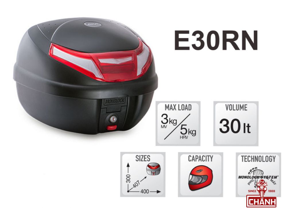 Thùng xe máy đi Phượt Givi đen đèn phản quang E30RN 30Lít + Tặng Đế Thùng