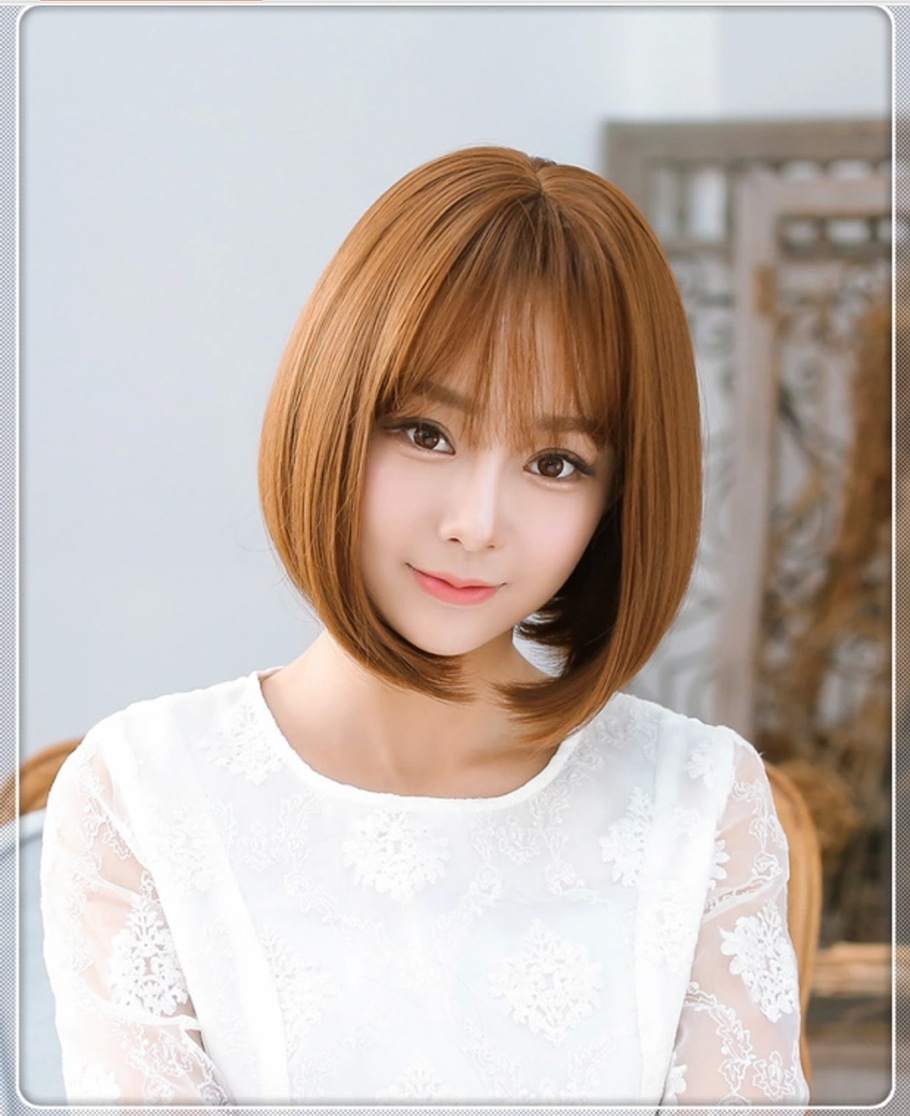Tóc giả nữ nguyên đầu hàn quốc, kiểu ngắn, mái thưa tặng kèm lưới trùm tóc, giống hình 90%, tóc tơ nhân tạo chịu nhiệt