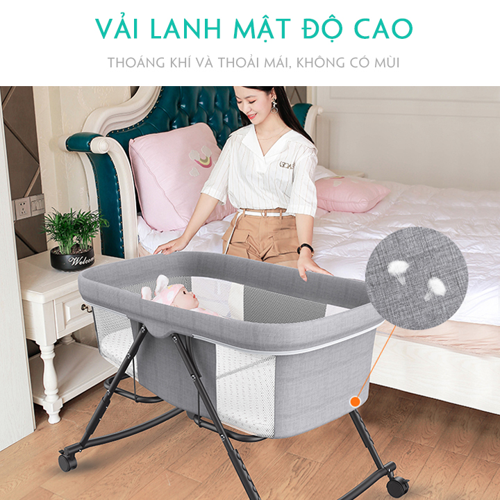 Nôi gấp gọn kèm màn, có bánh xe, gối, nệm. Nôi vải cao cấp cho bé từ sơ sinh tới 24 tháng