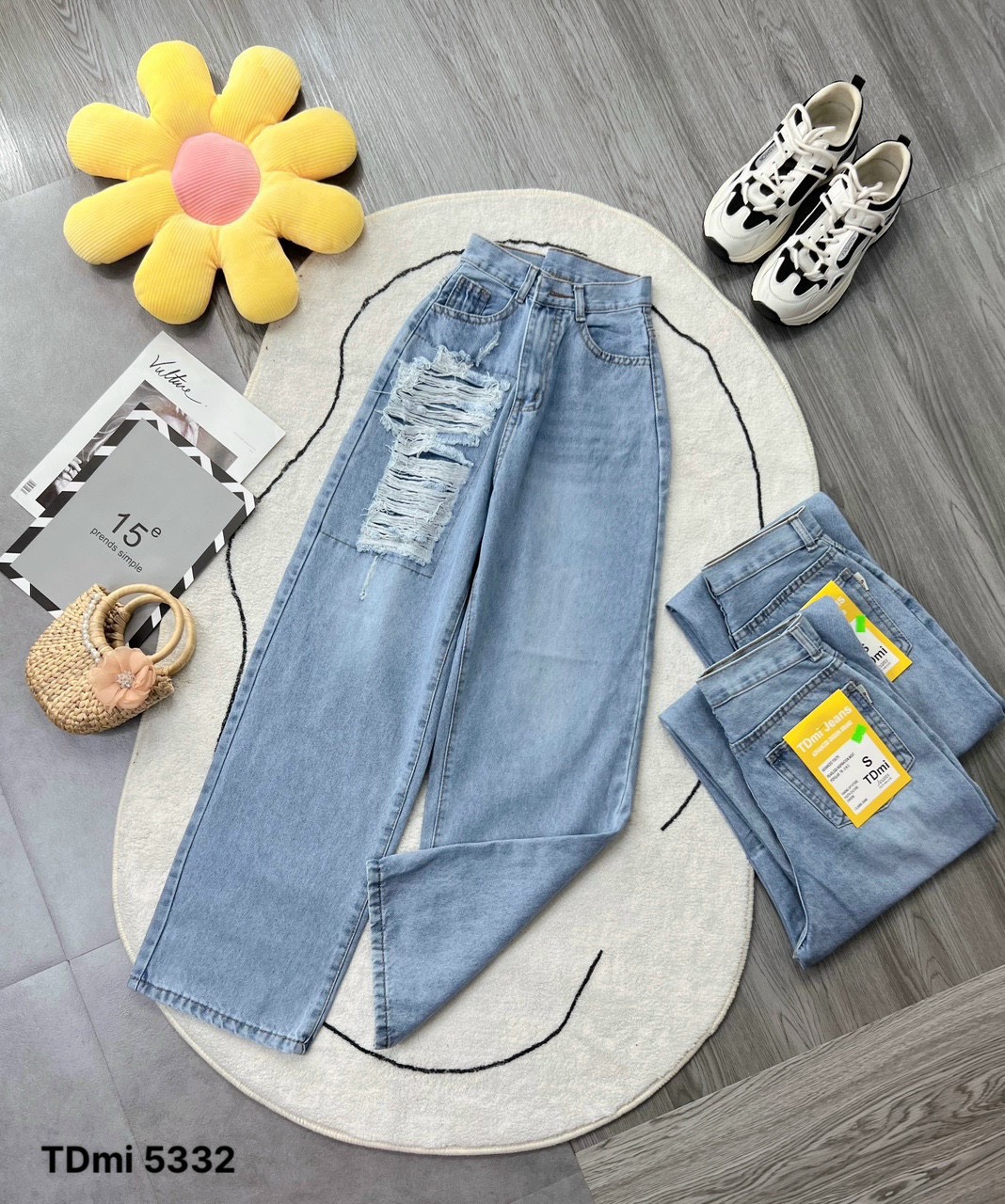Quần bò nữ, Quần Baggy jean nữ lưng cao rách kiểu phong cách, Cạp quần cao vừa phải chất bò mịn đẹp