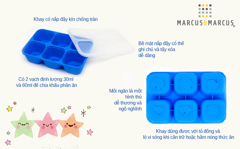 Khay silicon trữ đông đồ ăn dặm cho bé Marcus &amp; Marcus - Lucas (60ml x 6 ngăn)