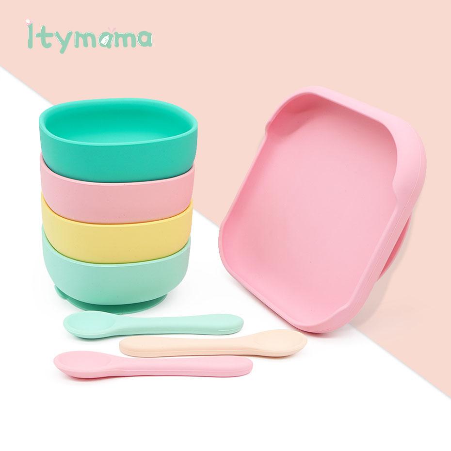 Cho Bé Ăn Silicone Bộ Ốp Tô Cho Bé Đĩa Thìa Silicone Trẻ Em Bộ Đồ Ăn Kid Chén Ăn Chống Thấm Nước Bát Ăn Cho Bé