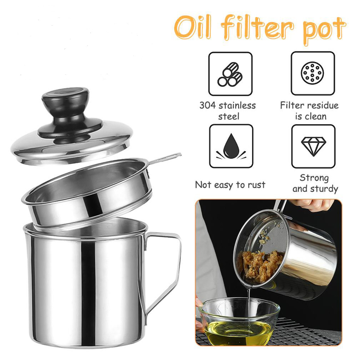 Ca Lọc Cặn Dầu Ăn Inox 304 1.5L Có Lưới Lọc Cặn Tiện Lợi