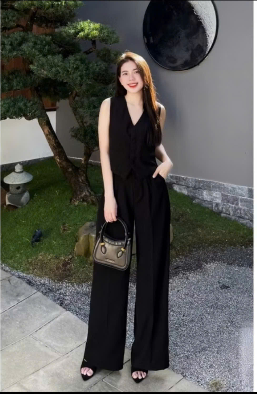 Set bộ ghile nữ trơn đen lèm quần dài ống rộng, linen hàng loại 1, thanh lịch, Hàn Quốc Bv10