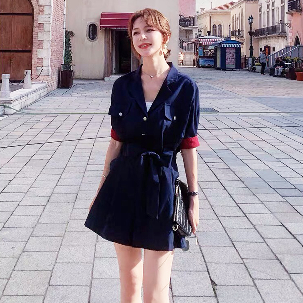 Jumpsuit Ngắn Cổ Vest Tay Phối Màu