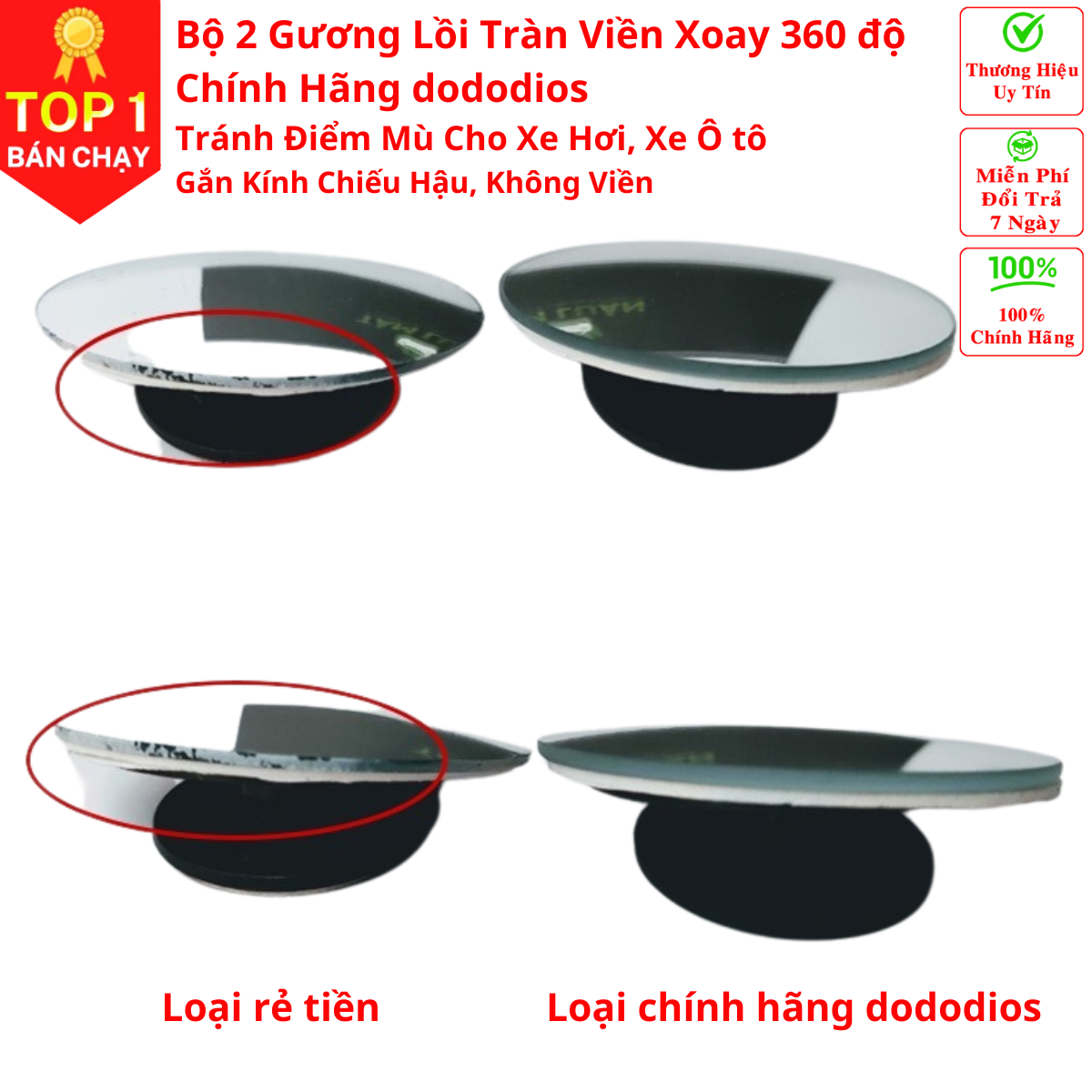 Gương cầu lồi cho xe ô tô, Bộ 2 Gương Cầu Lồi Tràn Viền Xoay 360 độ Gắn Cho Kính Gương Chiếu Hậu Tránh Điểm Mù Cho Xe Hơi, Xe Ô tô - Hàng Chính Hãng dododios