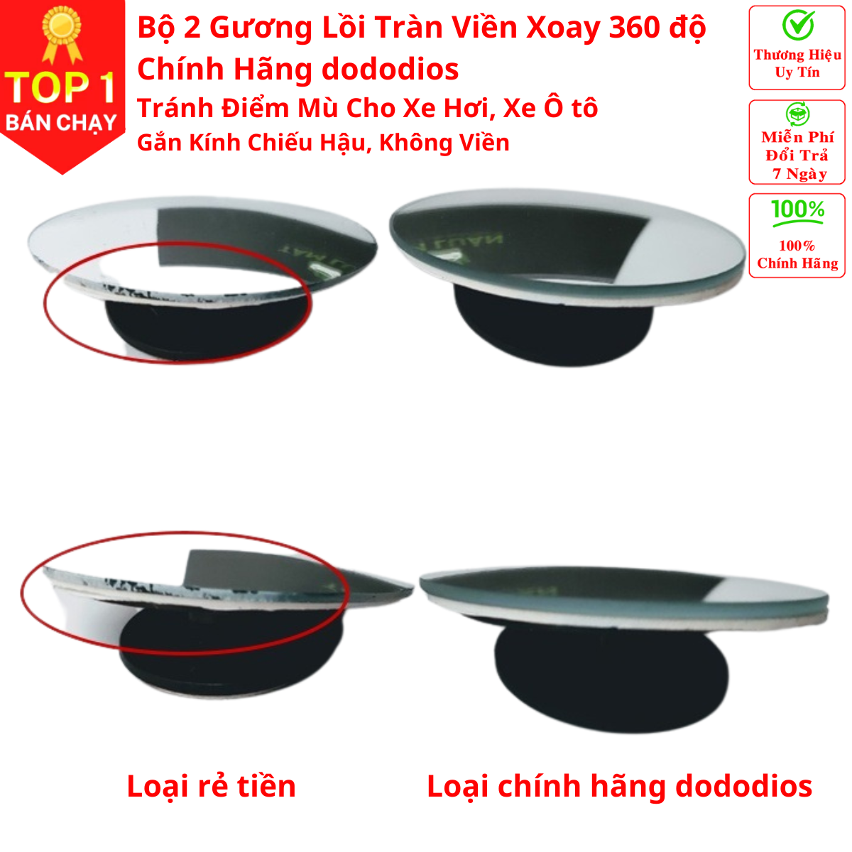 gương cầu lồi cho xe ô tô, Bộ 2 Gương Cầu Lồi Tràn Viền Xoay 360 độ Gắn Cho Kính Gương Chiếu Hậu Tránh Điểm Mù Cho Xe Hơi, Xe Ô tô - Hàng Chính Hãng dododios