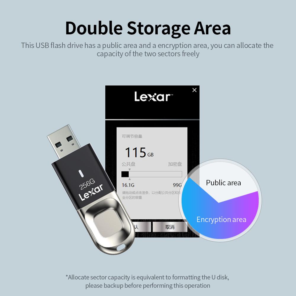 Lexar F35 256GB USB Flash Drive USB3.0 Metal Fingerprint Encryption U Disk 300MB/s Reading Speed for PC Laptop