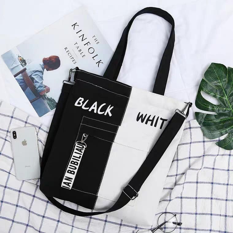 Túi vải canvas tote âm dương Black White thời trang ulzzang hàn quốc đựng vừa laptop