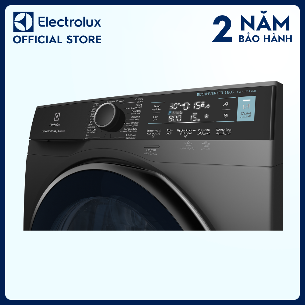 [Miễn phí giao hàng toàn quốc] Máy giặt cửa trước Electrolux 11kg UltimateCare 900 - EWF1141R9SB - Cảm biến AI loại bỏ đến 49 loại vết bẩn, không cặn giặt tẩy, công nghệ HygienicCare diệt 99.9% vi khuẩn [Hàng chính hãng]