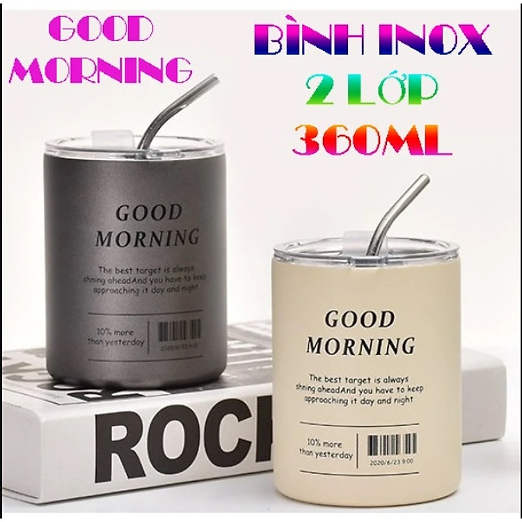 LY GIỮ NHIỆT GOOD MORNING 360ML INOX 2 LỚP KÈM ỐNG HÚT MẪU MỚI 2023